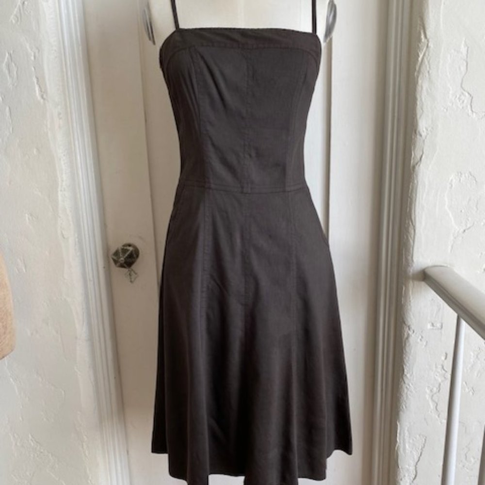 THEORY Brown A-Line Linen/Spandex Spaghetti Strap Sun Dress w Pockets Sz 4